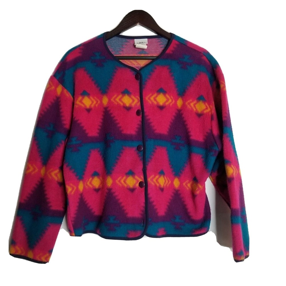 VINTAGE 80s 90s DAVID WAYNE Fleece Southwest Aztec Sweater Jacket Cardigan Sz M